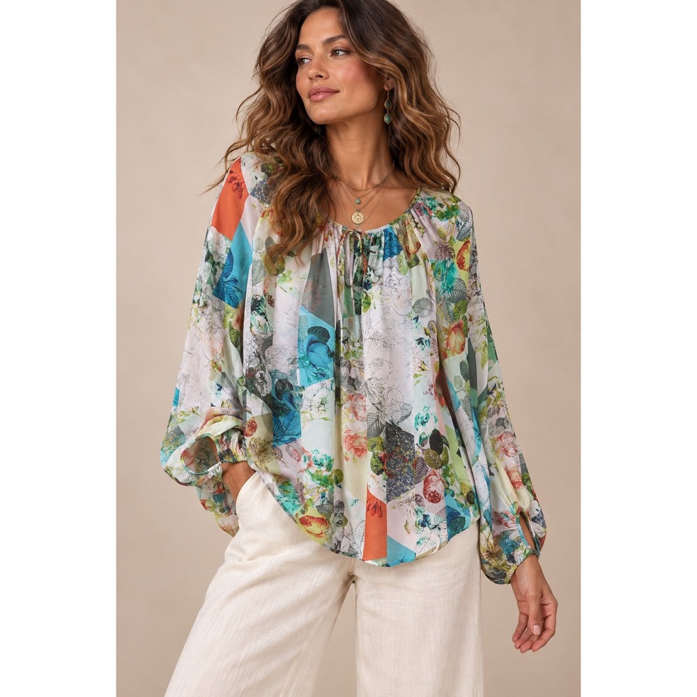 Leifsdottir 100% Silk Floral Patchwork Blouse Multi-Color Size 6 Long Sleeve